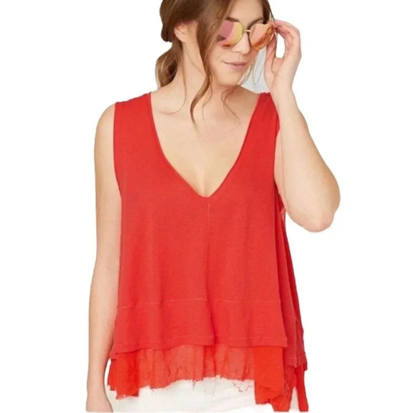 We the Free Orange Raw Hem Plunge Tank Top S - Picture 1 of 6